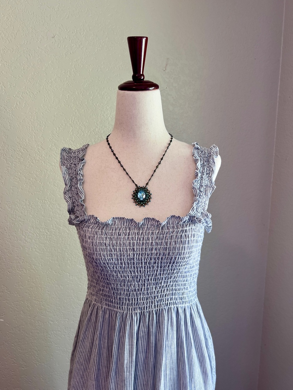 Quince 100% Linen Blue Pinstripe Smocked Midi Dress SMALL - Picture 4 of 15